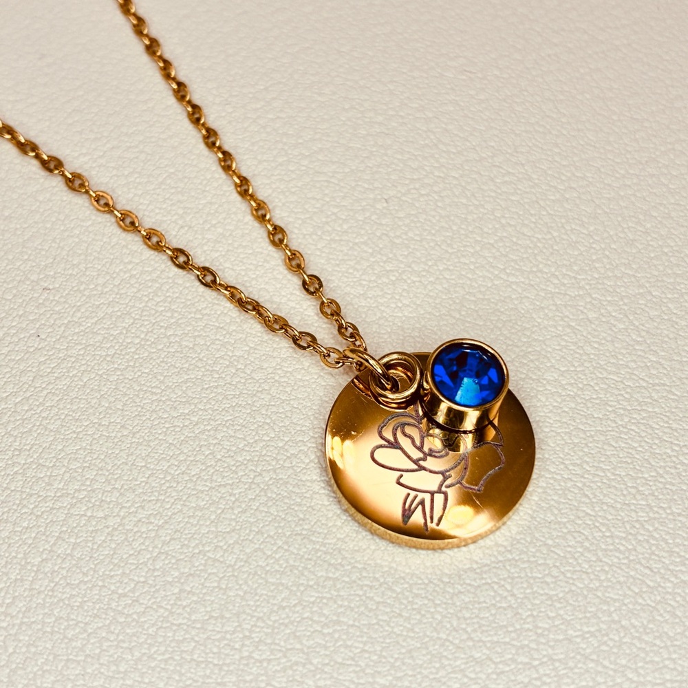 September Birth Stone Blue CZ Floral Engraved Coin Dainty Necklace